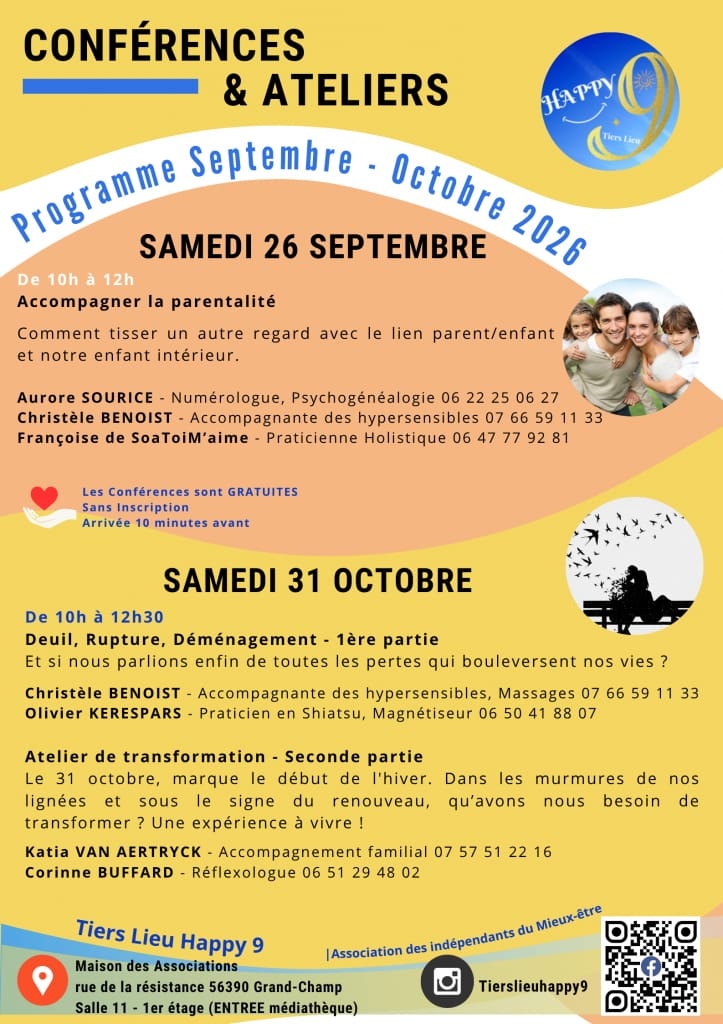 Affiche du programme Happy 9 du samedi 31 octobre 2026, de 10 h à 12 h 30, à Grand-Champ.