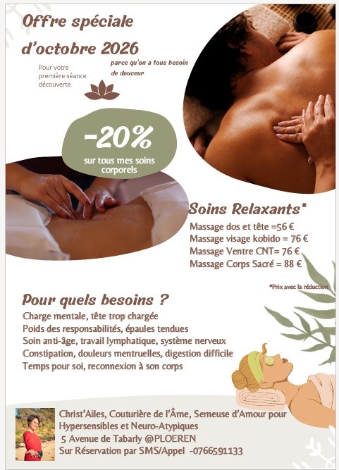 Affiche de l’offre spéciale d’octobre 2026 : moins 20 % sur les soins corporels, massages dos et tête, Kobido, Ventre · Chi Nei Tsang et fascias (CNT), et Corps Sacré.
