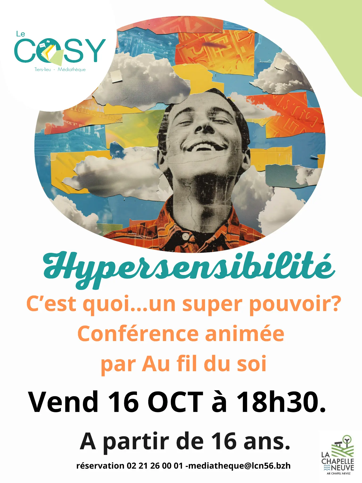 Affiche de la conférence à la médiathèque LE COSY : Hypersensibilité, c’est quoi… un super pouvoir ? Vendredi 16 octobre 2026 à 18 h 30, à La Chapelle-Neuve.